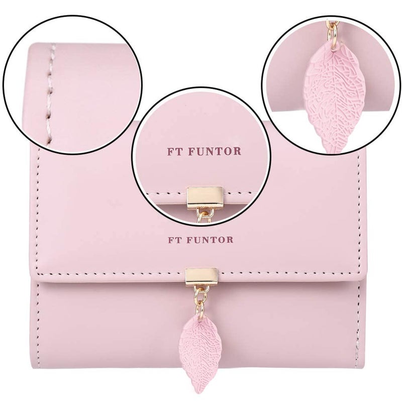 FT FUNTOR RFID Wallets for Women, Leaf Card Holder Trifold Ladies Wallets Coins Zipper Pocket with ID Window Pink - Image 3